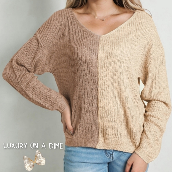 Color Block Two-Tone Contrast V-Neck Lightweight Shirt Pullover Knit Sweater Top - Picture 4 of 9